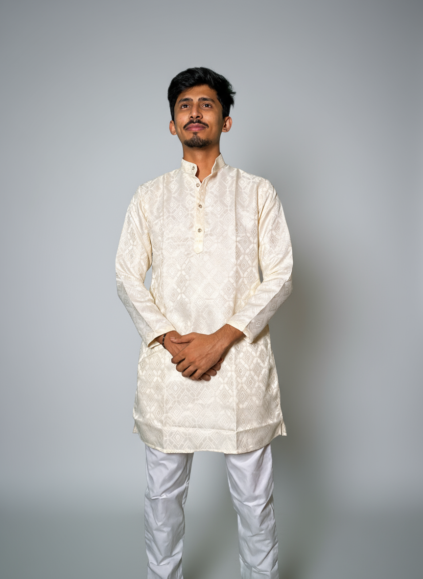 A man standing against a grey background, wearing a white jacquard kurta with a subtle pattern, full sleeves, and a band collar.