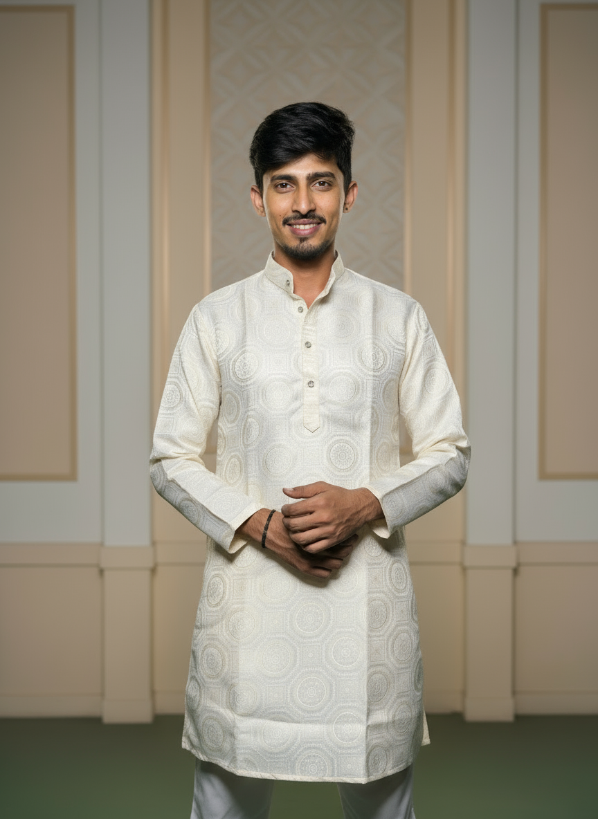A man wearing a white jacquard kurta with a subtle pattern, featuring a band collar and full sleeves.