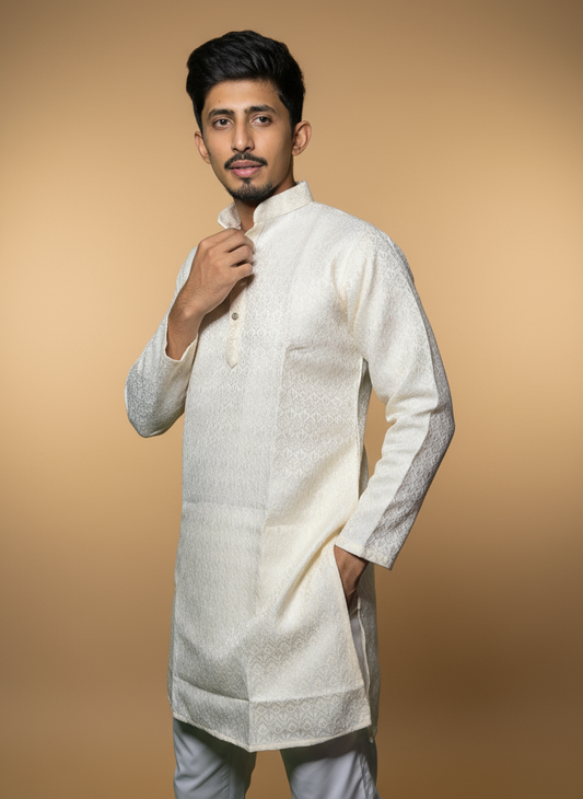 A man wearing a white jacquard kurta with a subtle pattern, featuring a band collar and full sleeves.