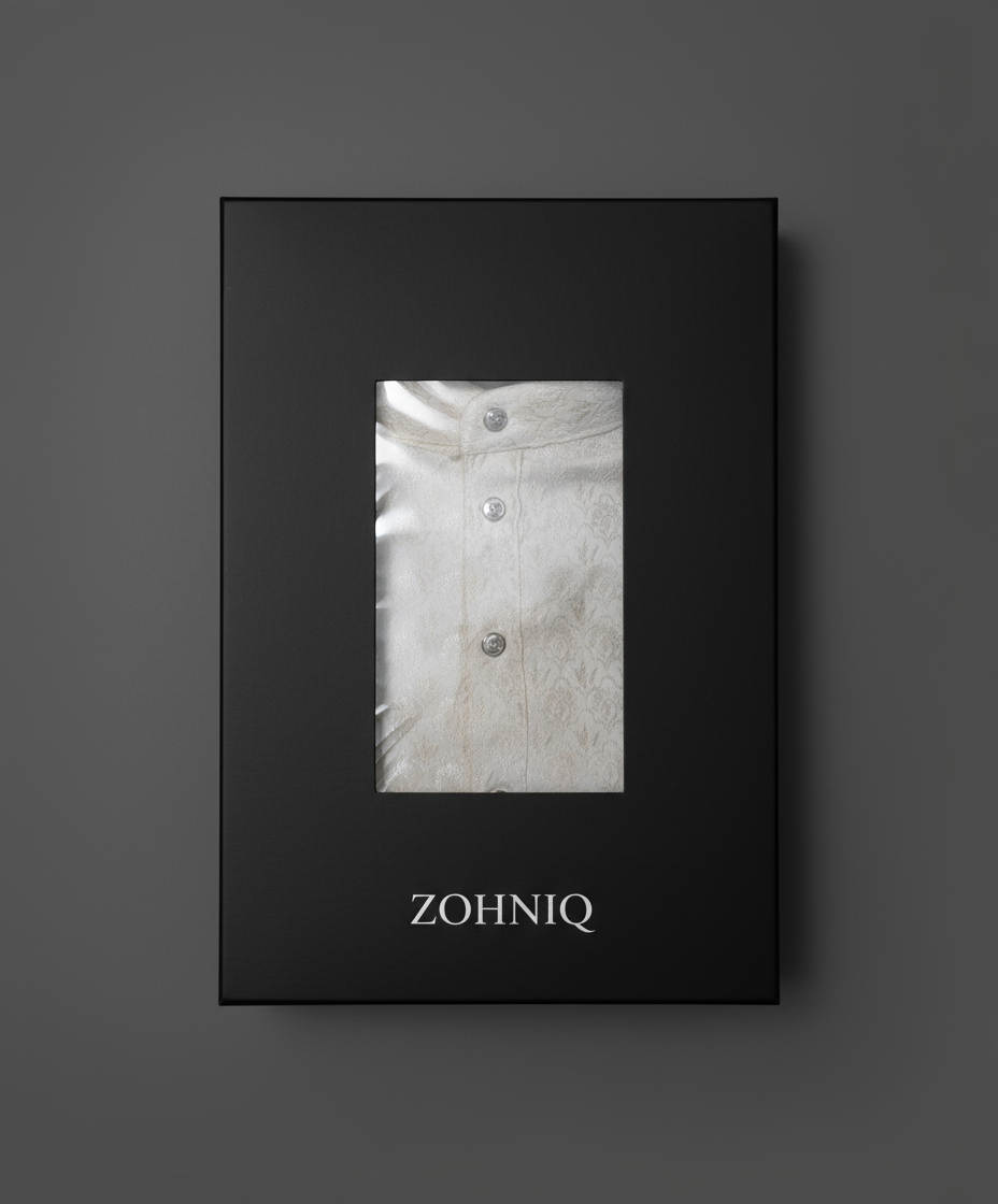 A folded white jacquard kurta with subtle pattern, featuring a mandarin collar and front button closure.