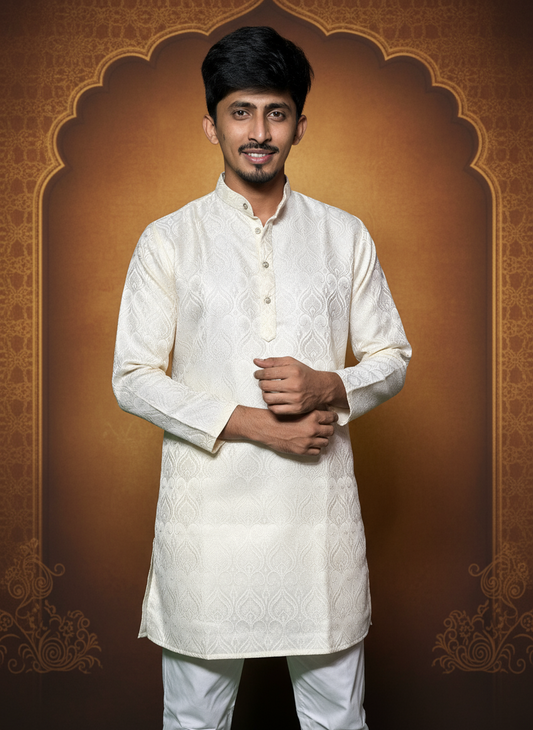 A man wearing a white jacquard kurta with a subtle pattern, featuring a band collar and full sleeves.