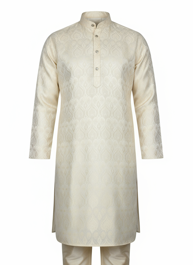 wearing a white jacquard kurta with a subtle geometric pattern, featuring a band collar and full sleeves.