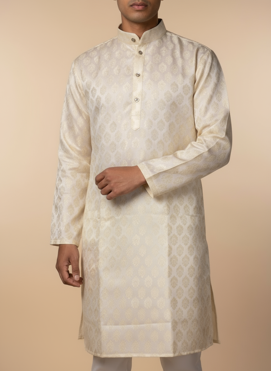 A man wearing a white jacquard kurta with a subtle geometric pattern, featuring a band collar and full sleeves.