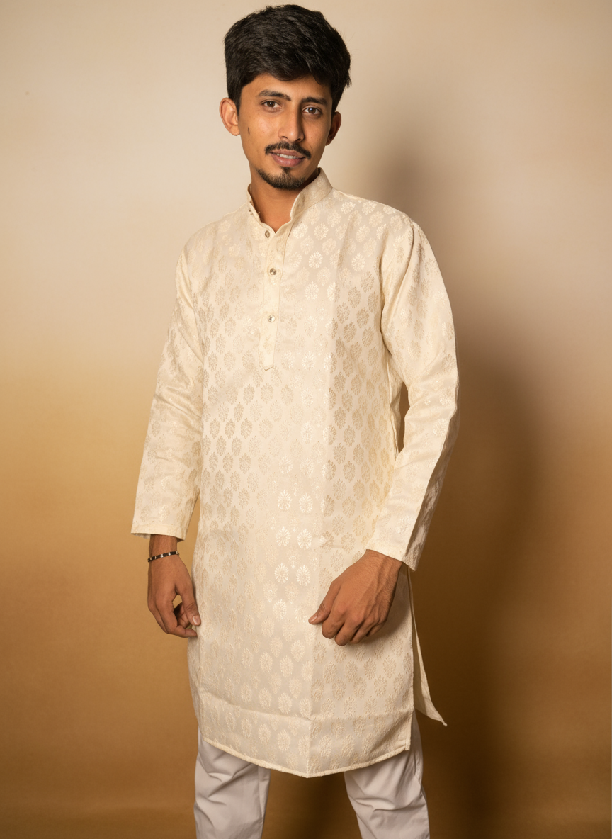A man wearing a white jacquard kurta with a subtle geometric pattern, featuring a band collar and full sleeves.